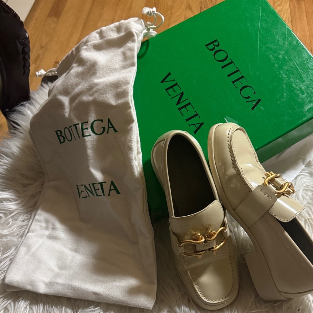 Bottega Veneta Beige Loafers with Gold Detail with dust bag and box